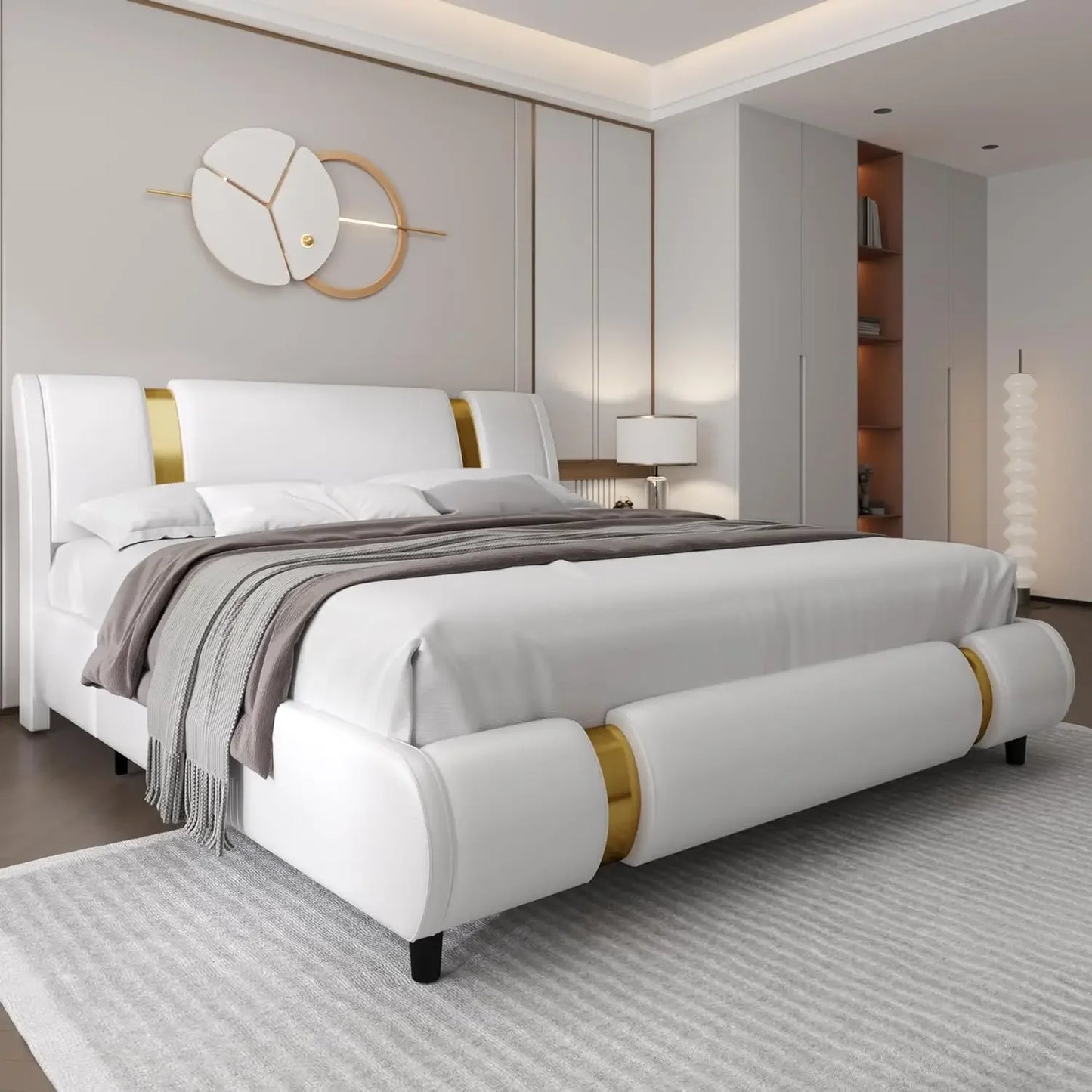 "Luxe Adjustable Curved Bed with Faux Leather & Gold Metal Accents"- (Model SHS802)