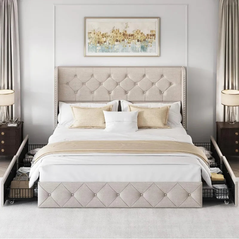 Bed Frame with 4 Storage Drawers, Tufted Velvet Headboard, Upholstered Platform Bed Frame with Storage