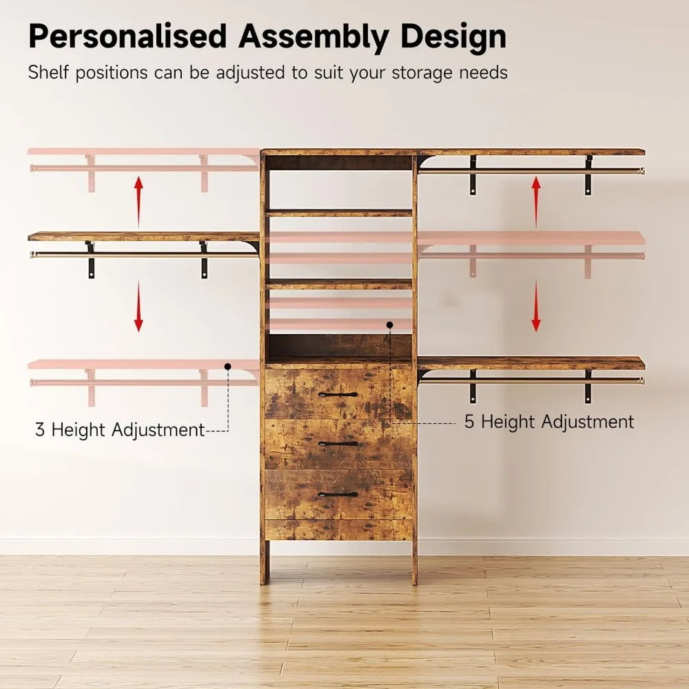 Modern Wooden Closet System with 3 Adjustable Shelves & 3 Hang Rods – Coat Rack with 3 Drawers, Max Load 1000 lbs