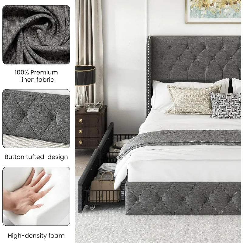 Bed Frame with 4 Storage Drawers, Tufted Velvet Headboard, Upholstered Platform Bed Frame with Storage