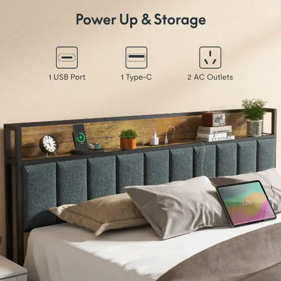 Queen Bed Frame with Charging Station & LED Lights – Upholstered Headboard with Storage Shelf, Heavy-Duty Metal Slats, No Box Spring Required