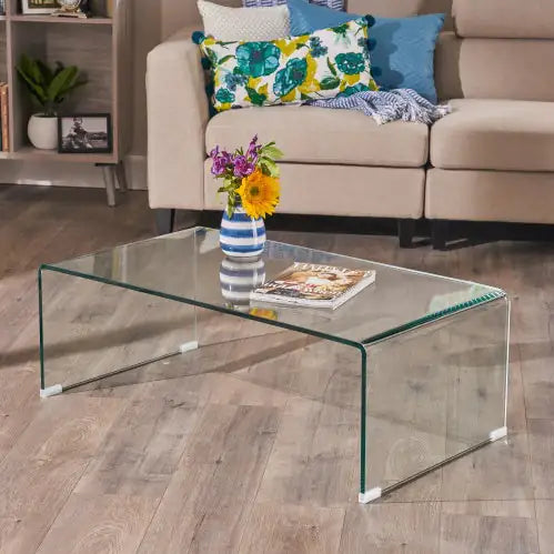 SHS- Modern Clear Glass Coffee Table – 12mm Tempered Bent Glass, Minimalist Design for Living Room