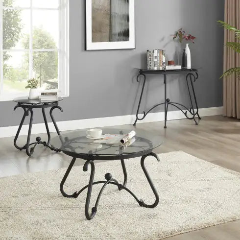 SHS-2-Piece Round Glass Coffee Table Set – Rustic Black Tempered Glass & Metal End Tables for Living Room
