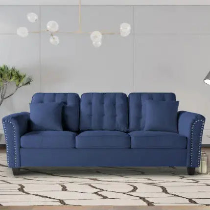 85.4" Flare Arm Sofa - Navy Blue Polyester Upholstered Sofa with Tufted Back & Piping Edge