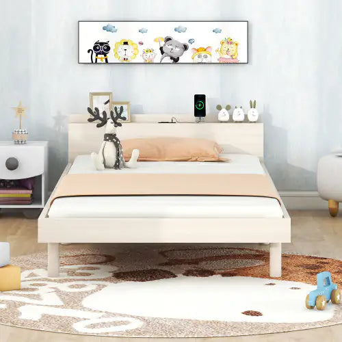 Modern Twin Size Platform Bed Frame with Built-in USB Ports, White Washed Finish