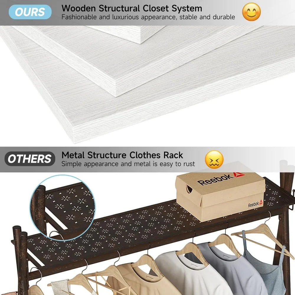 Modern Wooden Closet System with 3 Adjustable Shelves & 3 Hang Rods – Coat Rack with 3 Drawers, Max Load 1000 lbs