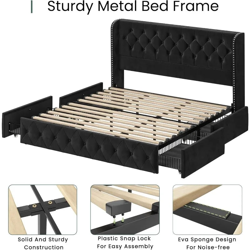 Bed Frame with 4 Storage Drawers, Tufted Velvet Headboard, Upholstered Platform Bed Frame with Storage