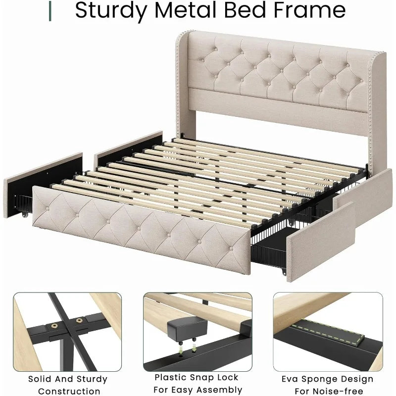 Bed Frame with 4 Storage Drawers, Tufted Velvet Headboard, Upholstered Platform Bed Frame with Storage