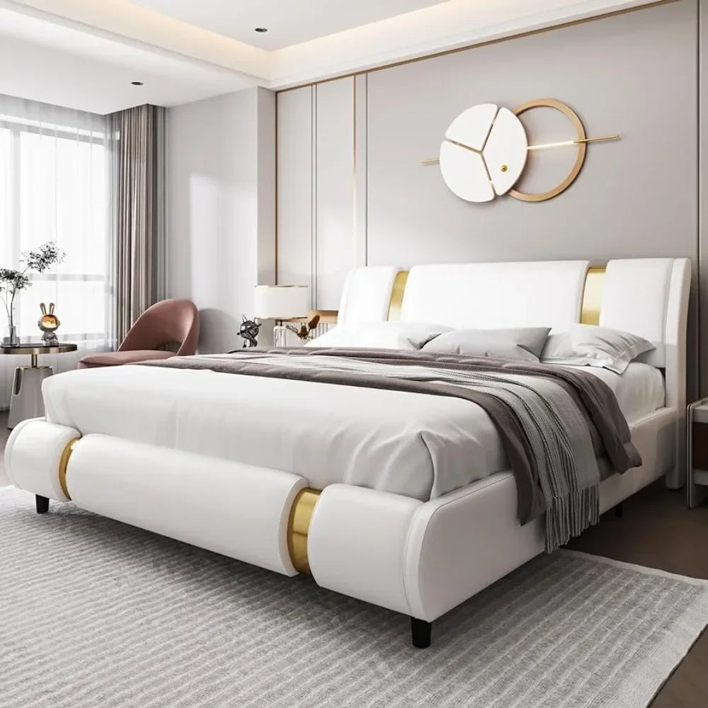 "Luxe Adjustable Curved Bed with Faux Leather & Gold Metal Accents"- (Model SHS802)