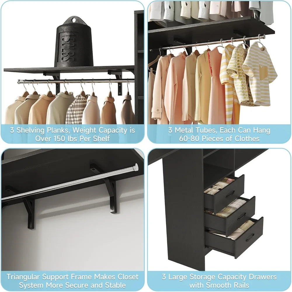 Modern Wooden Closet System with 3 Adjustable Shelves & 3 Hang Rods – Coat Rack with 3 Drawers, Max Load 1000 lbs