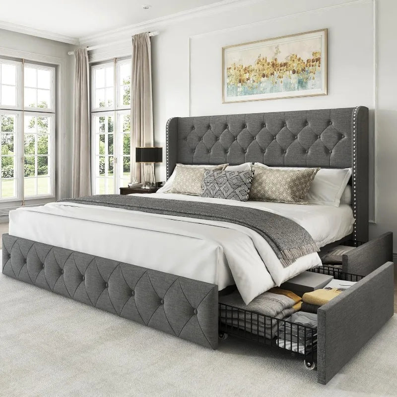 Bed Frame with 4 Storage Drawers, Tufted Velvet Headboard, Upholstered Platform Bed Frame with Storage