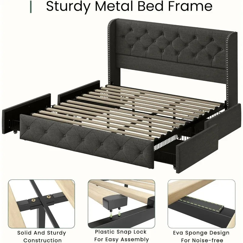 Bed Frame with 4 Storage Drawers, Tufted Velvet Headboard, Upholstered Platform Bed Frame with Storage