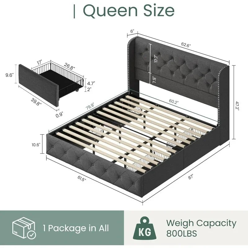 Bed Frame with 4 Storage Drawers, Tufted Velvet Headboard, Upholstered Platform Bed Frame with Storage