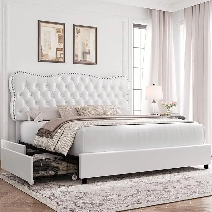 Bed Frame with 4 Storage Drawers, Tufted Velvet Headboard, Upholstered Platform Bed Frame with Storage