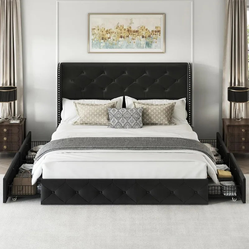 Bed Frame with 4 Storage Drawers, Tufted Velvet Headboard, Upholstered Platform Bed Frame with Storage