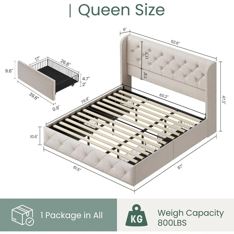 Bed Frame with 4 Storage Drawers, Tufted Velvet Headboard, Upholstered Platform Bed Frame with Storage