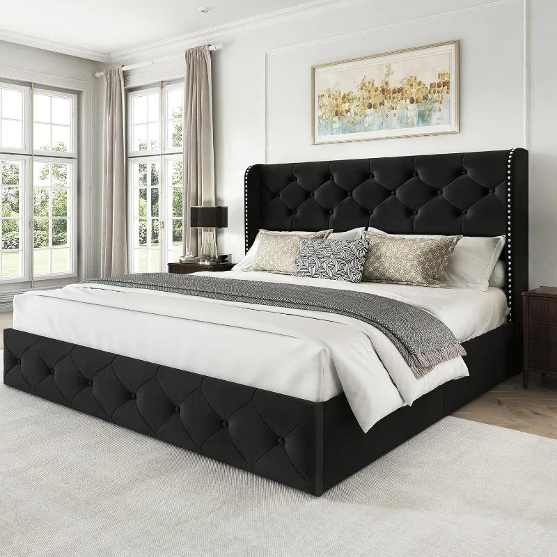 Bed Frame with 4 Storage Drawers, Tufted Velvet Headboard, Upholstered Platform Bed Frame with Storage