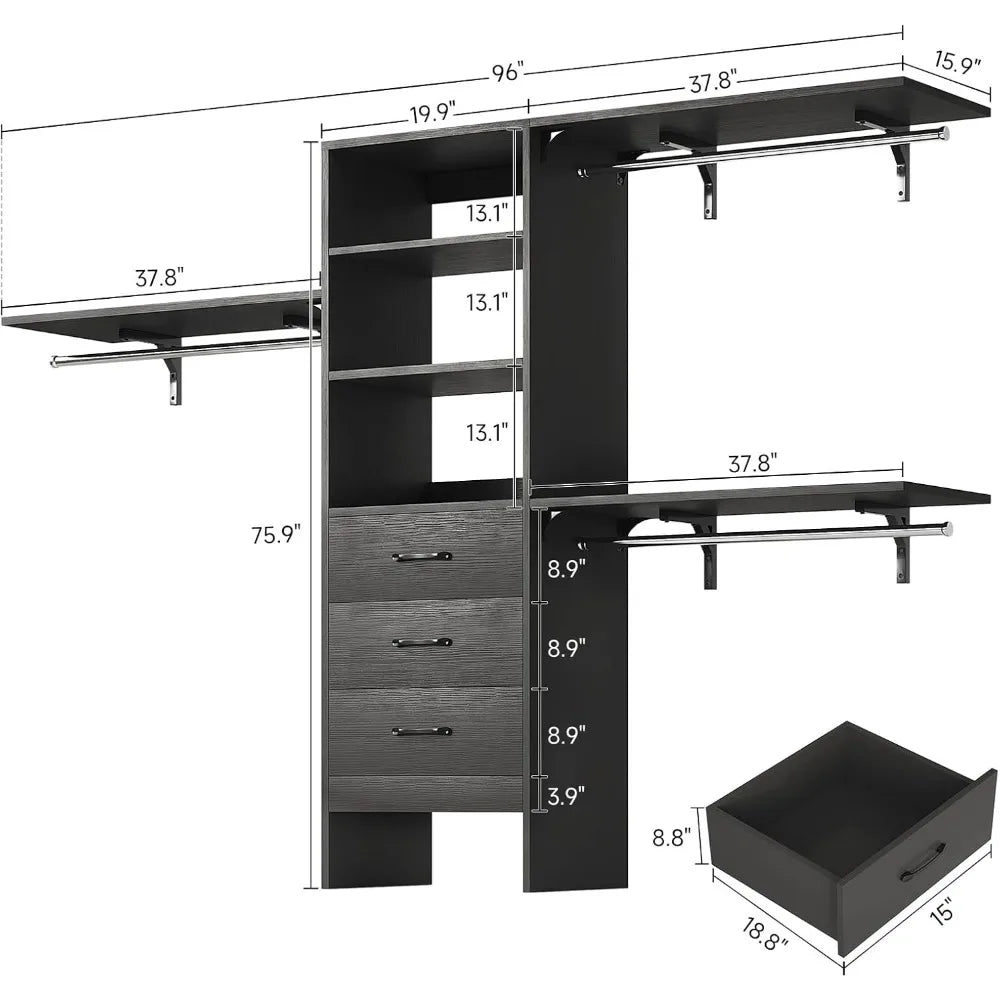 Modern Wooden Closet System with 3 Adjustable Shelves & 3 Hang Rods – Coat Rack with 3 Drawers, Max Load 1000 lbs