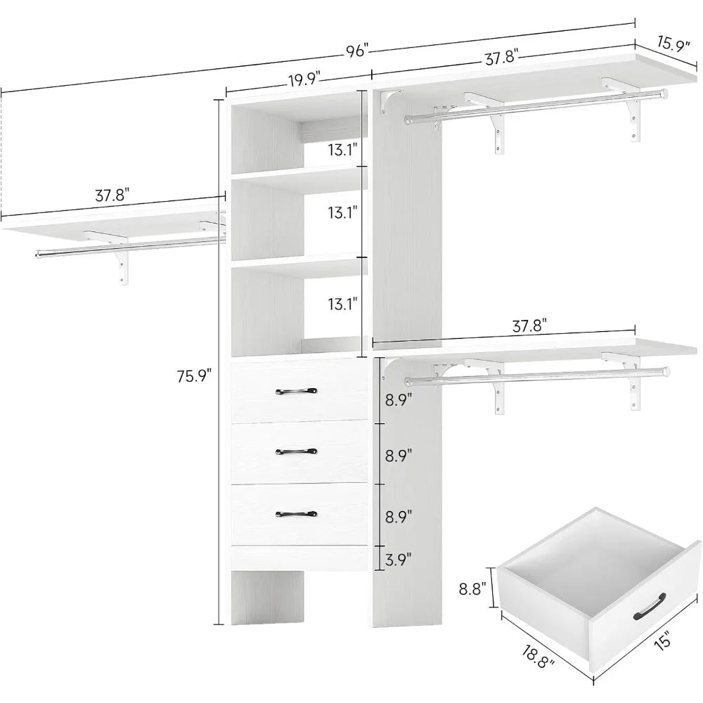 Modern Wooden Closet System with 3 Adjustable Shelves & 3 Hang Rods – Coat Rack with 3 Drawers, Max Load 1000 lbs