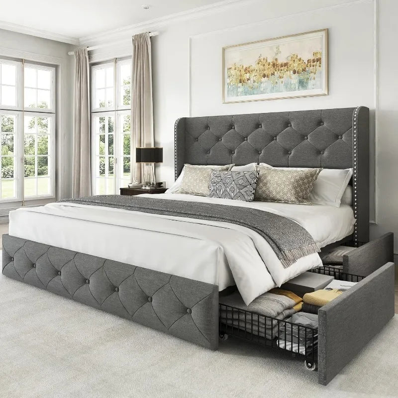 Bed Frame with 4 Storage Drawers, Tufted Velvet Headboard, Upholstered Platform Bed Frame with Storage