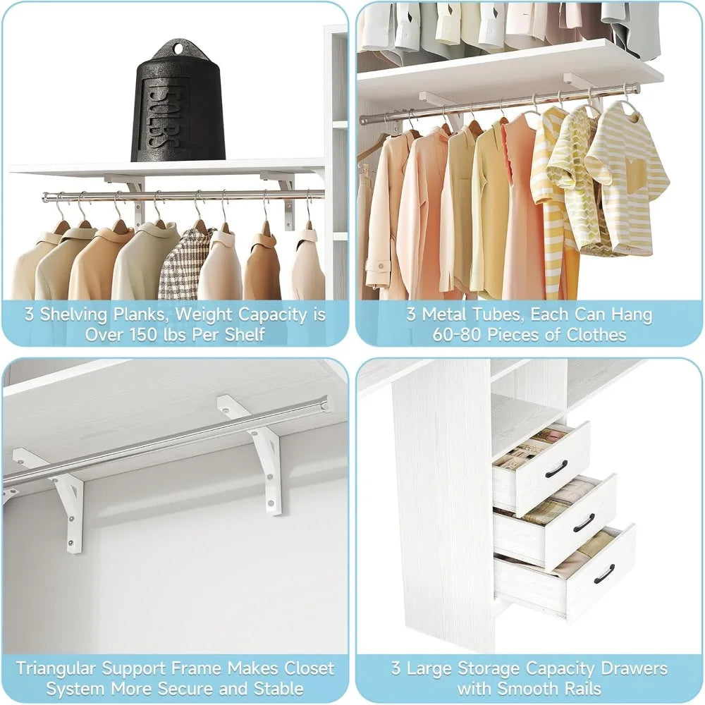 Modern Wooden Closet System with 3 Adjustable Shelves & 3 Hang Rods – Coat Rack with 3 Drawers, Max Load 1000 lbs