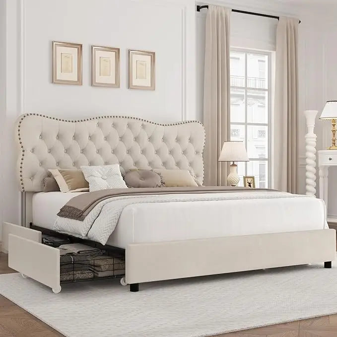 Bed Frame with 4 Storage Drawers, Tufted Velvet Headboard, Upholstered Platform Bed Frame with Storage