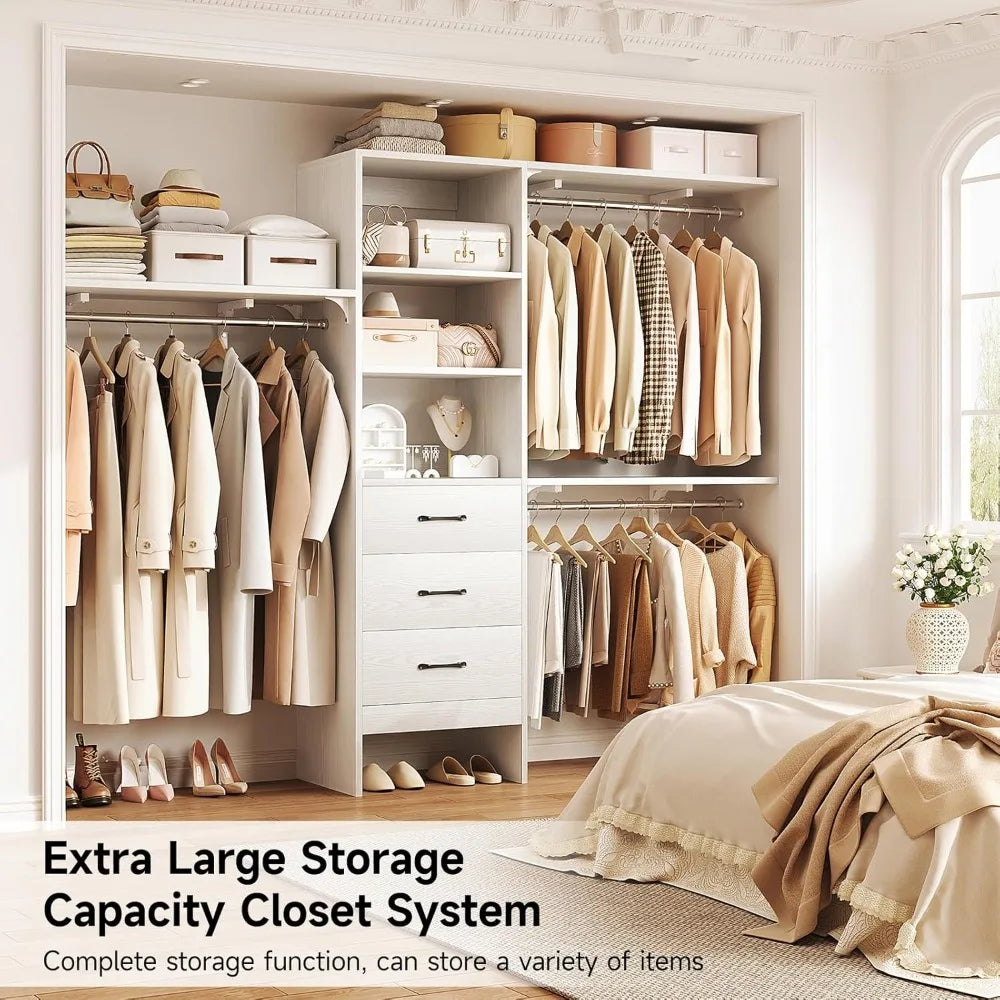 Modern Wooden Closet System with 3 Adjustable Shelves & 3 Hang Rods – Coat Rack with 3 Drawers, Max Load 1000 lbs