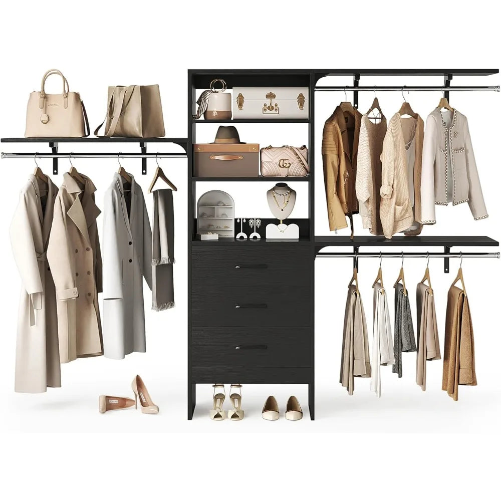 Modern Wooden Closet System with 3 Adjustable Shelves & 3 Hang Rods – Coat Rack with 3 Drawers, Max Load 1000 lbs