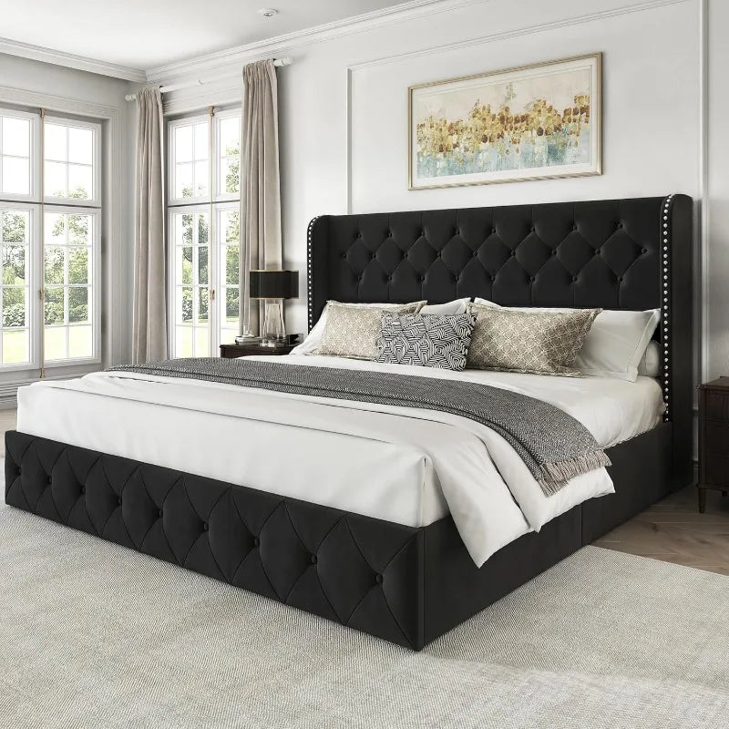 Bed Frame with 4 Storage Drawers, Tufted Velvet Headboard, Upholstered Platform Bed Frame with Storage