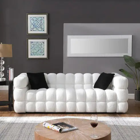 84.3" White Boucle Marshmallow Sofa, 3-Seater with Square Arms & Split Back, Medium-Soft Cushions