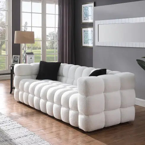 84.3" White Boucle Marshmallow Sofa, 3-Seater with Square Arms & Split Back, Medium-Soft Cushions