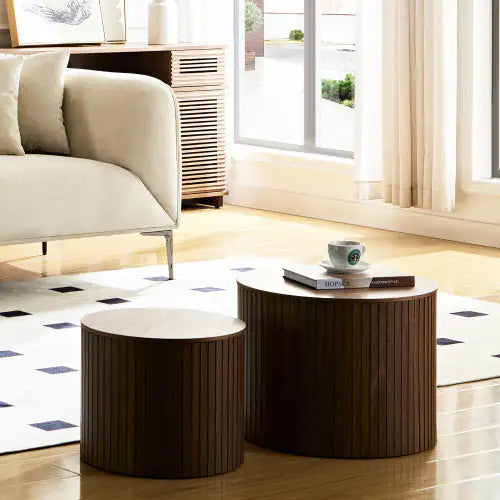 SHS-2-Piece Round Nesting Coffee Table Set – Modern MDF Walnut Finish Tables for Living Room or Lounge
