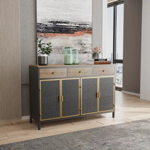 SHS-48" Modern Dark Gray Sideboard Cabinet with 3 Drawers and 4 Doors – Metal & Wood Storage Console for Living Room, Bedroom, Hallway, Office