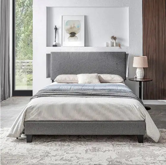 Large Queen-Size Upholstered Platform Bed Frame in Grey, Easy Assembly with Wooden Slats, No Spring Mattress Needed