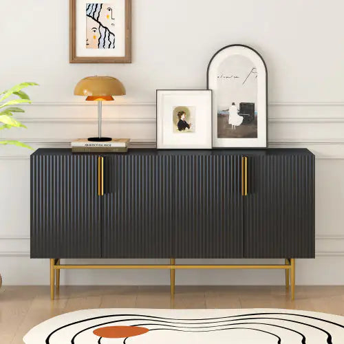SHS- Modern Black 4-Door Sideboard Buffet Cabinet with Gold Handles – TREXM Storage Console for Dining, Living Room, Hallway, Bedroom
