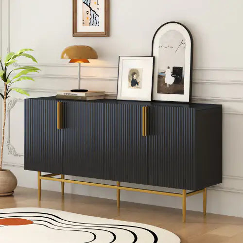 SHS- Modern Black 4-Door Sideboard Buffet Cabinet with Gold Handles – TREXM Storage Console for Dining, Living Room, Hallway, Bedroom