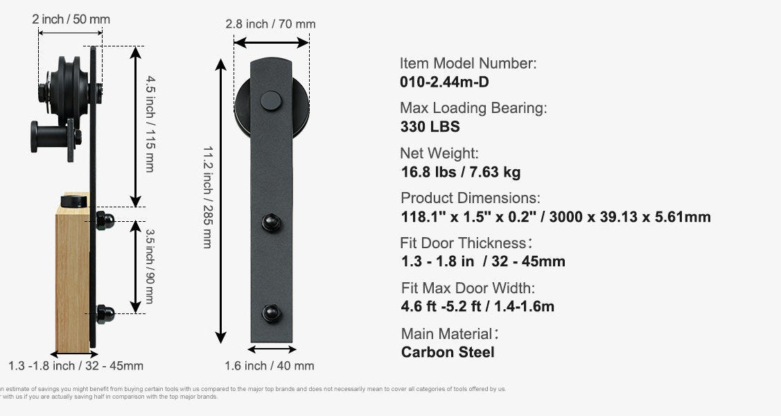 Heavy-Duty Barn Door Hardware Kit -SHS1