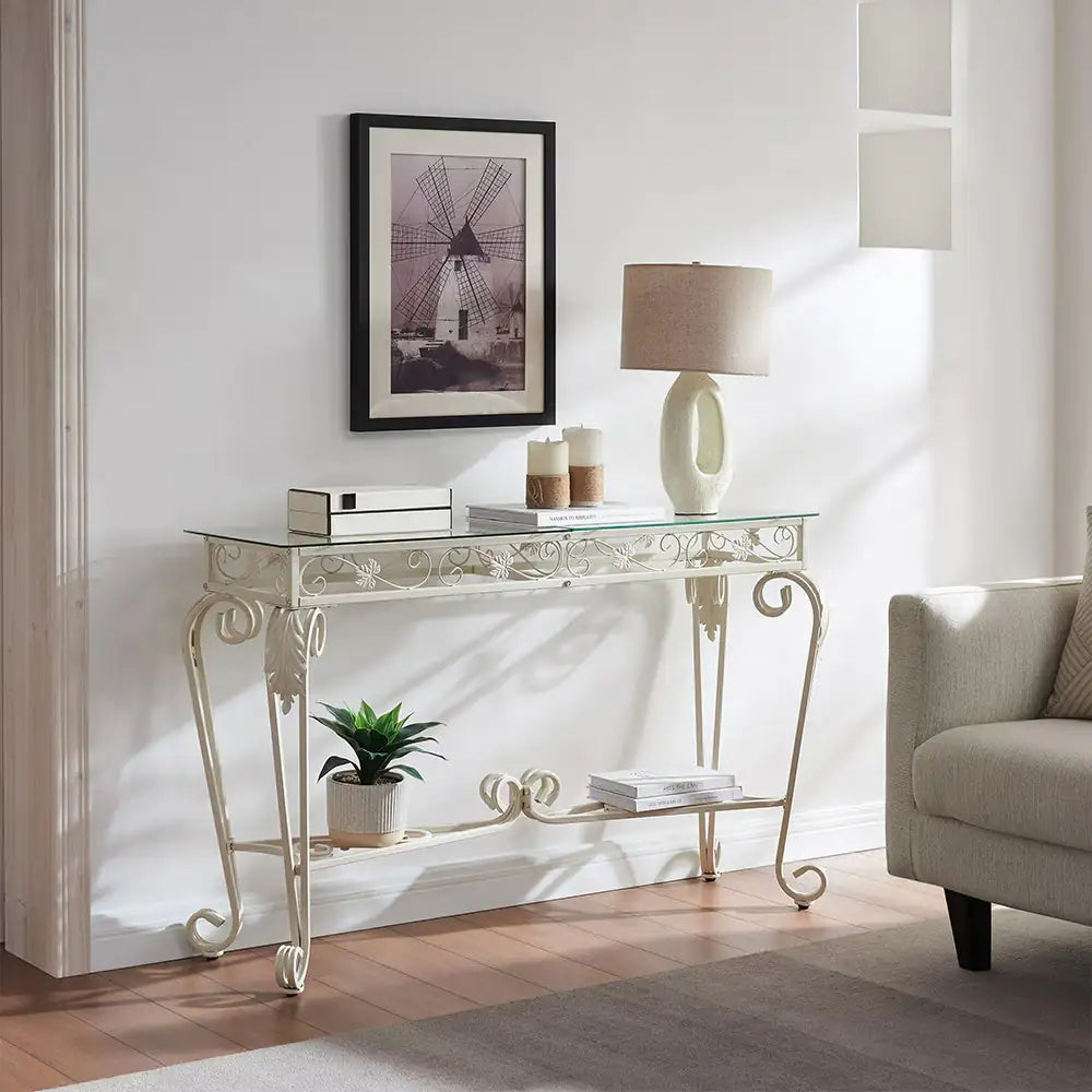 2-Tier White Tempered Glass Console Table with Storage Shelf – Modern Entryway & Sofa Table