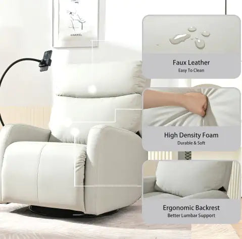 Modern Swivel Rocking Recliner Chair – 360° Glider with Footrest, PU Upholstery, Light Grey
