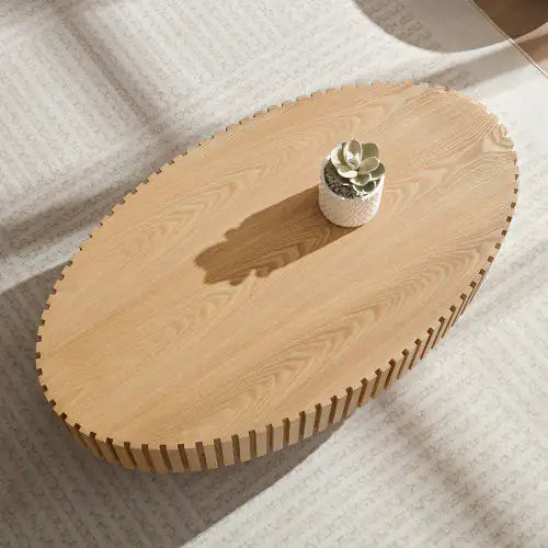 Modern Handmade Oval Drum Coffee Table – 43.7" Natural Ash MDF Ellipse Coffee Table with Sturdy Pedestal Base for Living Room or Small Spaces