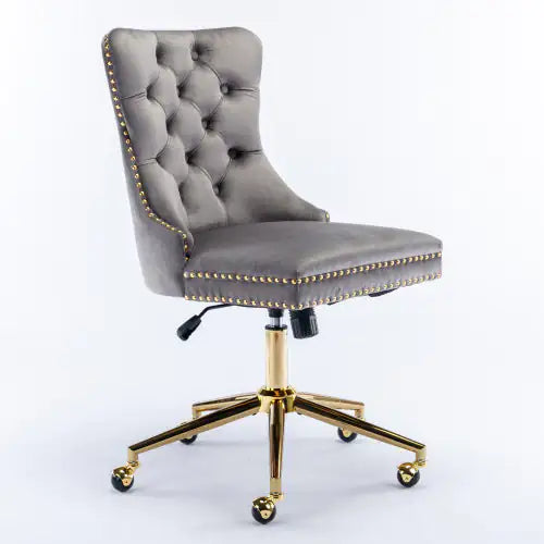 A&A Furniture Velvet Tufted Office Chair with Gold Metal Base, Adjustable Swivel Desk Chair (Grey)