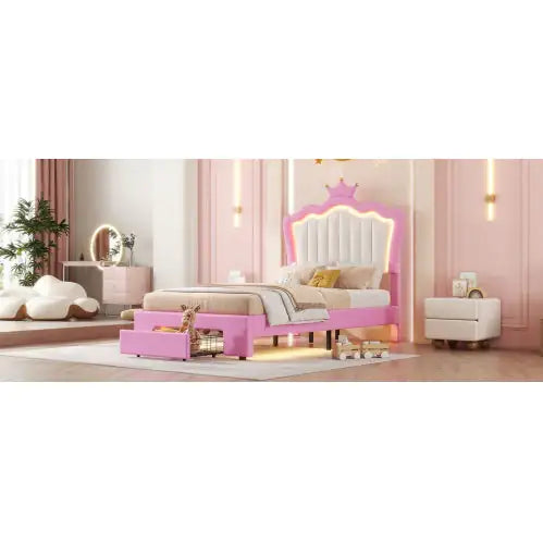 Twin Size Upholstered Bed Frame with LED Lights & Crown Headboard, Pink/White with Drawer – Modern Princess Bed for Kids