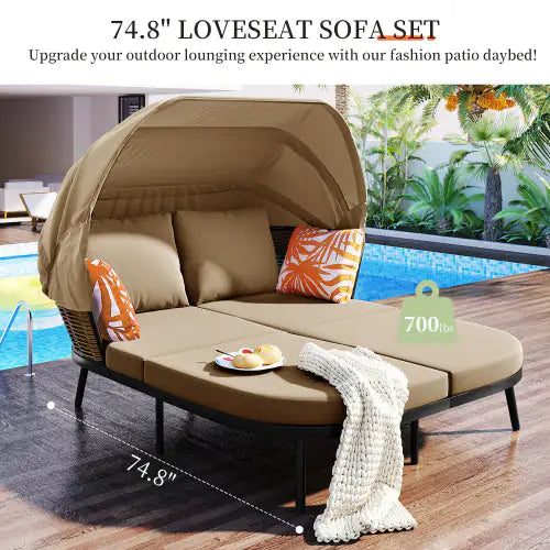 TOPMAX 74.8" Patio Daybed with Retractable Canopy – Outdoor Rattan PE Wicker Loveseat Sofa Set, Cushions & Throw Pillows for Backyard, Garden, Poolside, Brown