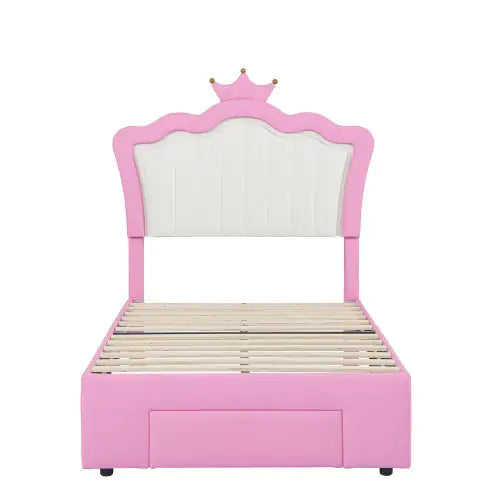 Twin Size Upholstered Bed Frame with LED Lights & Crown Headboard, Pink/White with Drawer – Modern Princess Bed for Kids