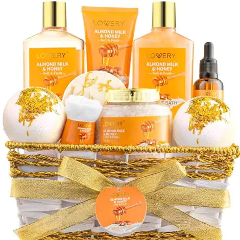 Gift Basket for Women – 10 Piece Almond Milk & Honey Spa Set – Luxury Bath & Body Self Care Kit with Bubble Bath, Scrubs, Bath Bombs & More