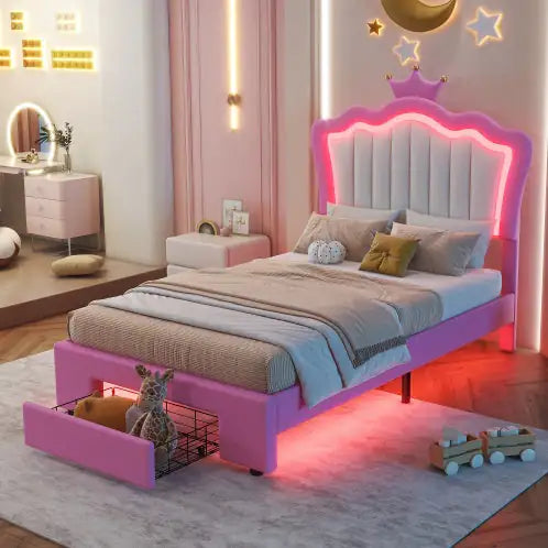 Twin Size Upholstered Bed Frame with LED Lights & Crown Headboard, Pink/White with Drawer – Modern Princess Bed for Kids