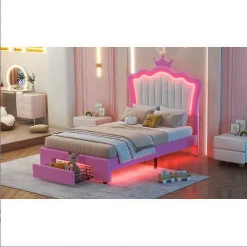 Twin Size Upholstered Bed Frame with LED Lights & Crown Headboard, Pink/White with Drawer – Modern Princess Bed for Kids