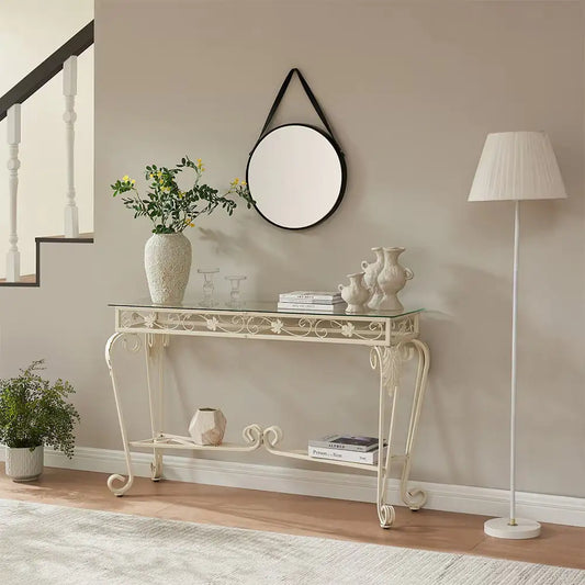 2-Tier White Tempered Glass Console Table with Storage Shelf – Modern Entryway & Sofa Table
