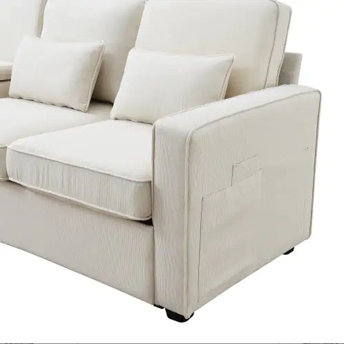 104" Modern 4-Seater Linen Fabric Sofa with Storage Pockets & Pillows – Minimalist Couch for Living Room, Apartment, Office – Beige