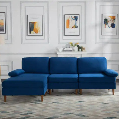 102.4" Modular Sectional Sofa, Navy Blue Velvet, Removable Cushions, Movable Ottoman, Ideal for Small Spaces